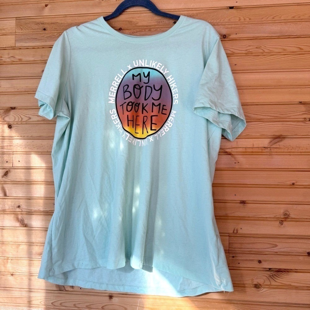 Merrell X Unlikely Hikers T-Shirt Aqua 2X Adventure Outdoor Comfy Inclusive Hike